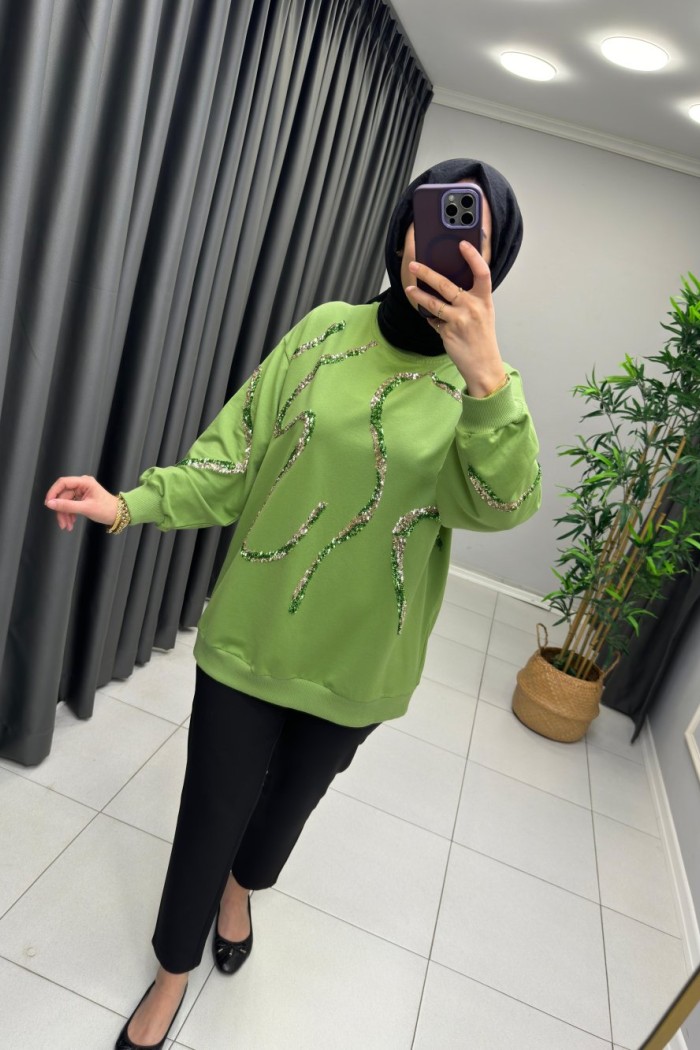 Pul Payet Detaylı Sweat Yeşil