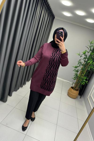 Zebra Sakal Detaylı Merserize Tunik Mürdüm