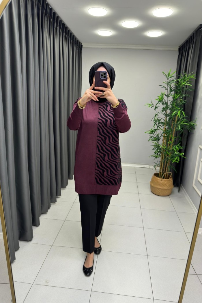 Zebra Sakal Detaylı Merserize Tunik Mürdüm