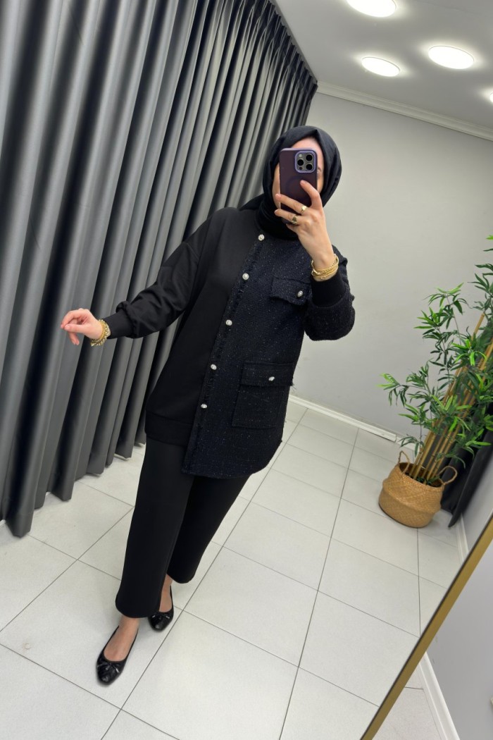 Tüvit Kumaş Detaylı Sweat Siyah