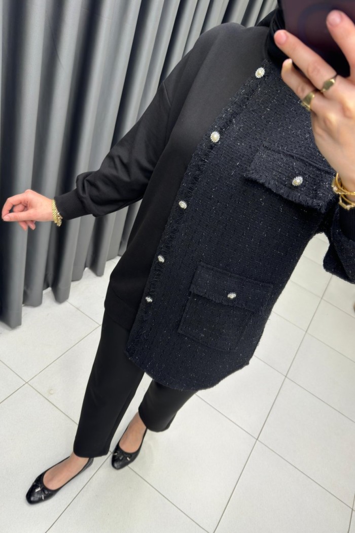 Tüvit Kumaş Detaylı Sweat Siyah