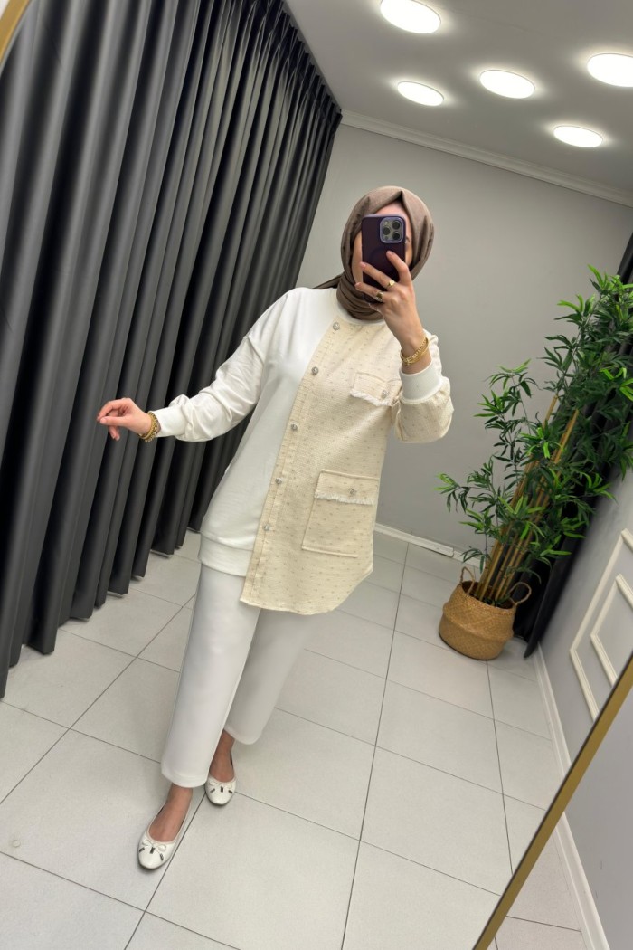 Tüvit Kumaş Detaylı Sweat Beyaz