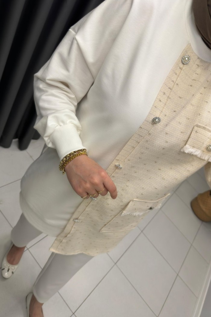 Tüvit Kumaş Detaylı Sweat Beyaz