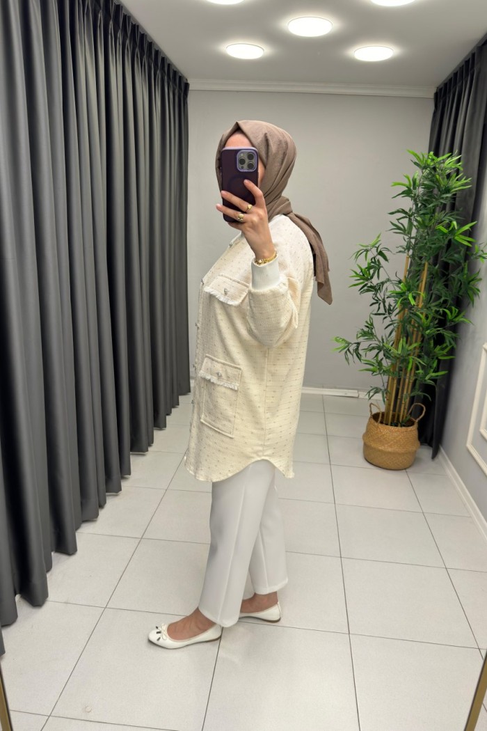 Tüvit Kumaş Detaylı Sweat Beyaz