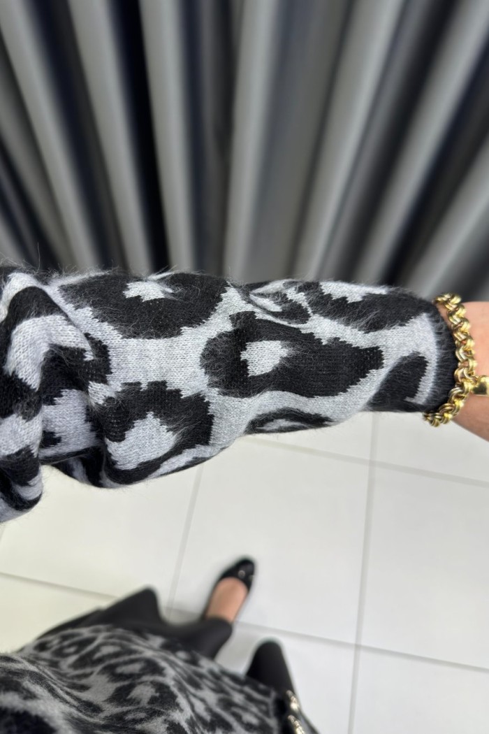 Leopar Desen Hırka Gri