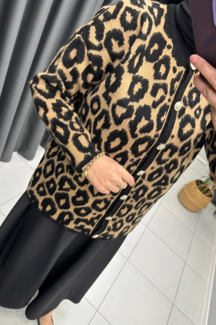 Leopar Desen Hırka Camel