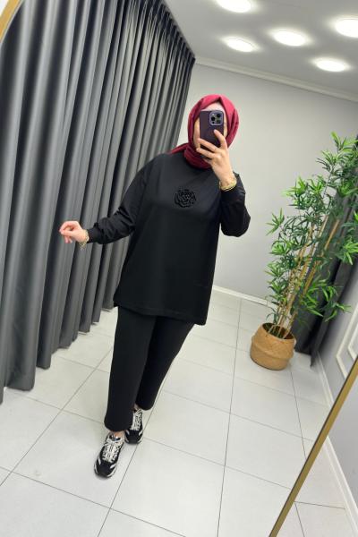 Gül Detaylı Sweat Siyah