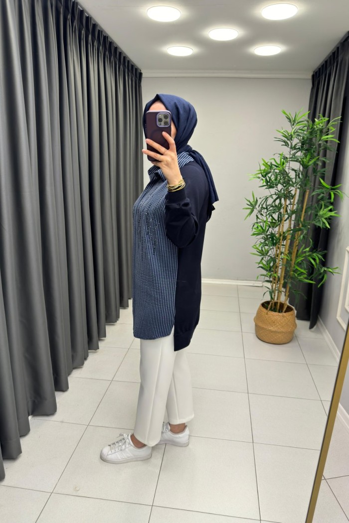 Gömlek Detaylı Puane Sweat  Lacivert