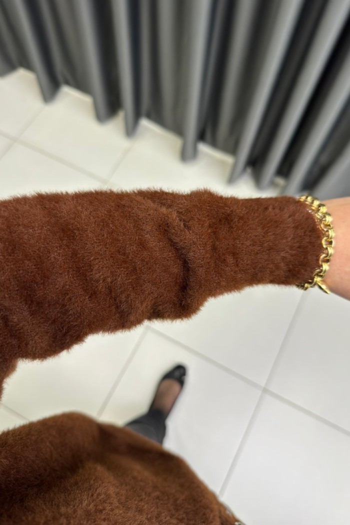 Peluş Angora Hırka Kahverengi