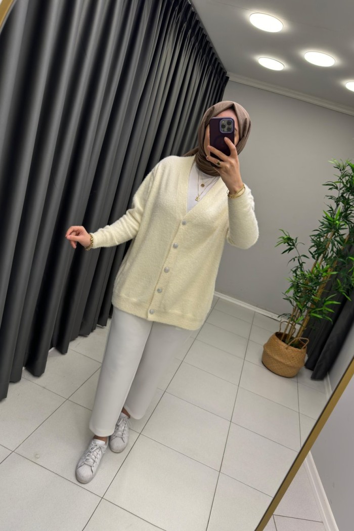 Peluş Angora Hırka Krem
