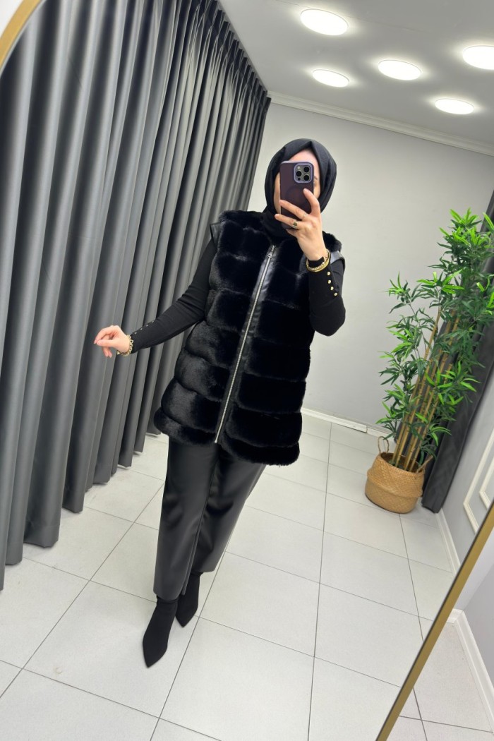 Premium Kalite Ahu Peluş Yelek  Siyah