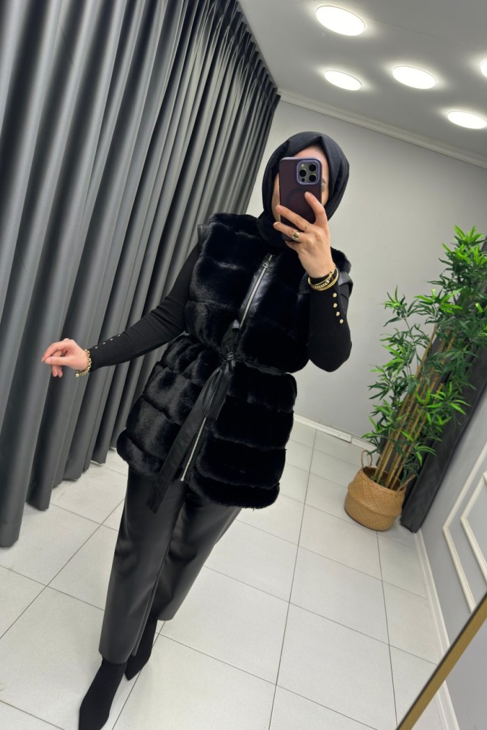 Premium Kalite Ahu Peluş Yelek  Siyah