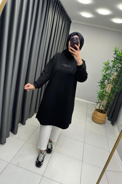 Ekru İki İp Pamuklu  Sweat Siyah