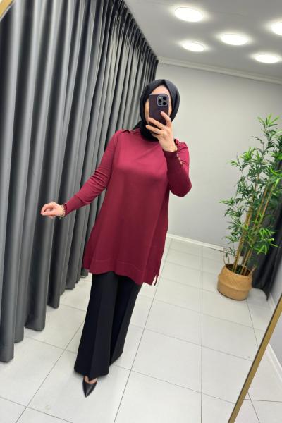 Omzu Patlı Merserize Tunik  Bordo