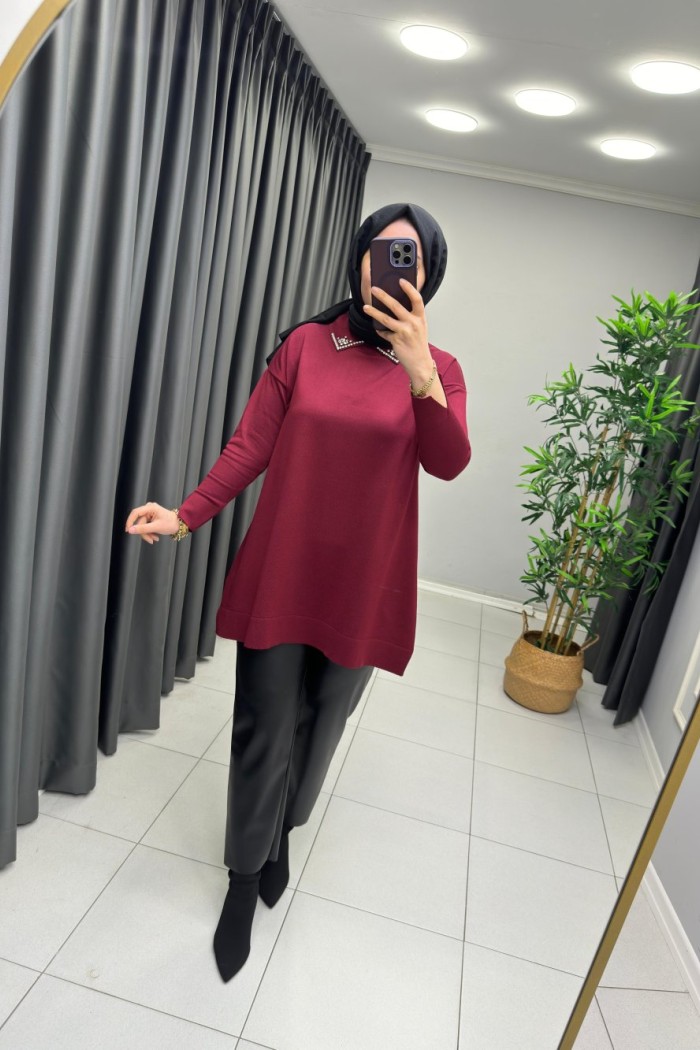 Yakası Taşlı Detay Merserize  Bordo