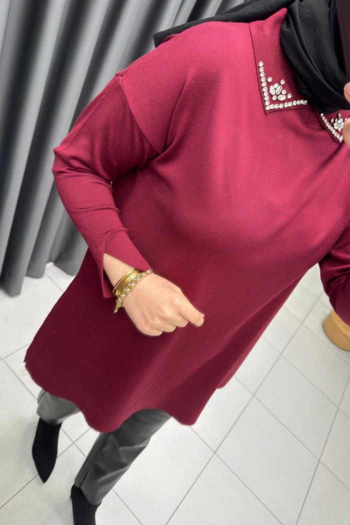 Yakası Taşlı Detay Merserize  Bordo