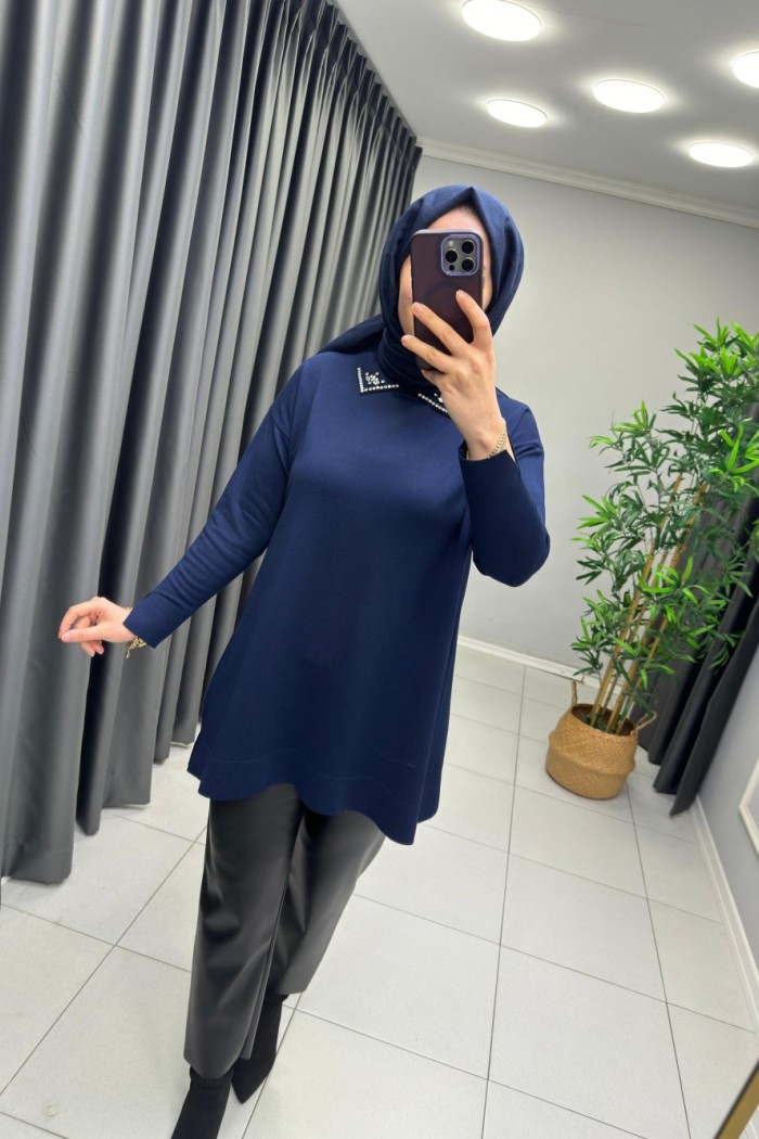 Yakası Taşlı Detay Merserize  Lacivert