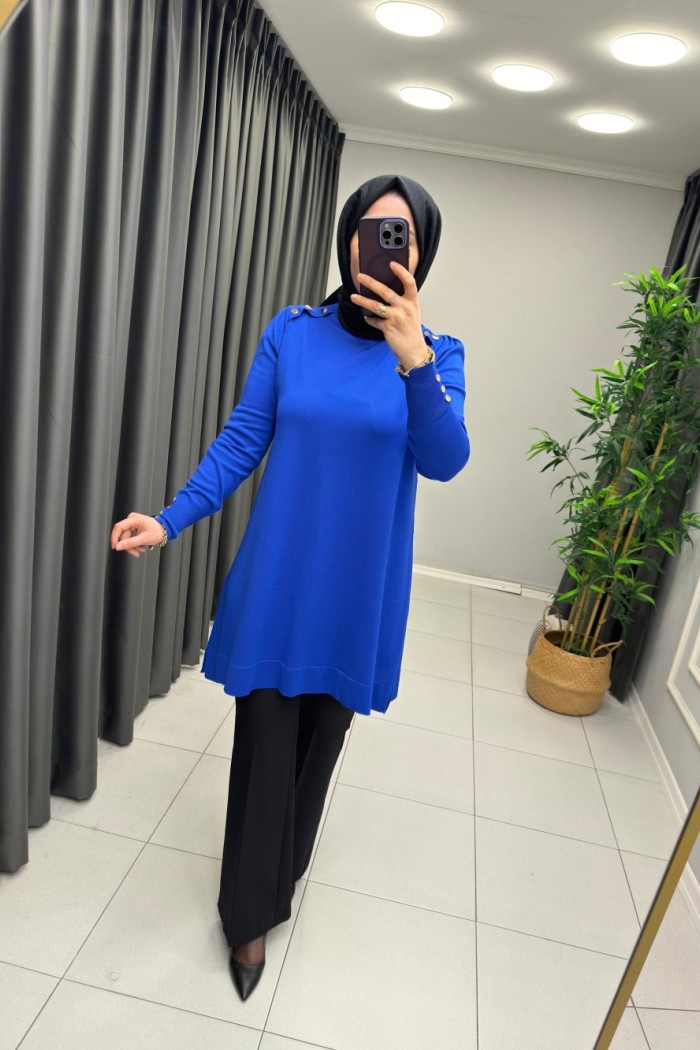 Omzu Patlı Merserize Tunik  Saks Mavisi