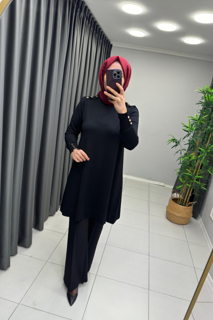 Omzu Patlı Merserize Tunik  Siyah
