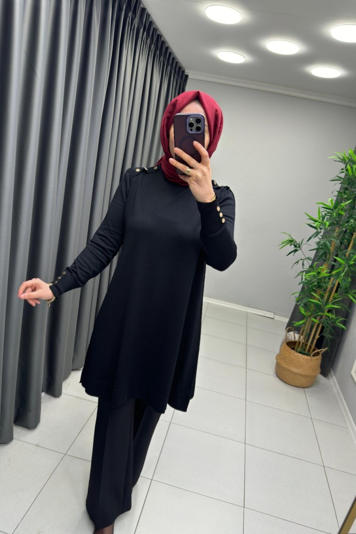 Omzu Patlı Merserize Tunik  Siyah
